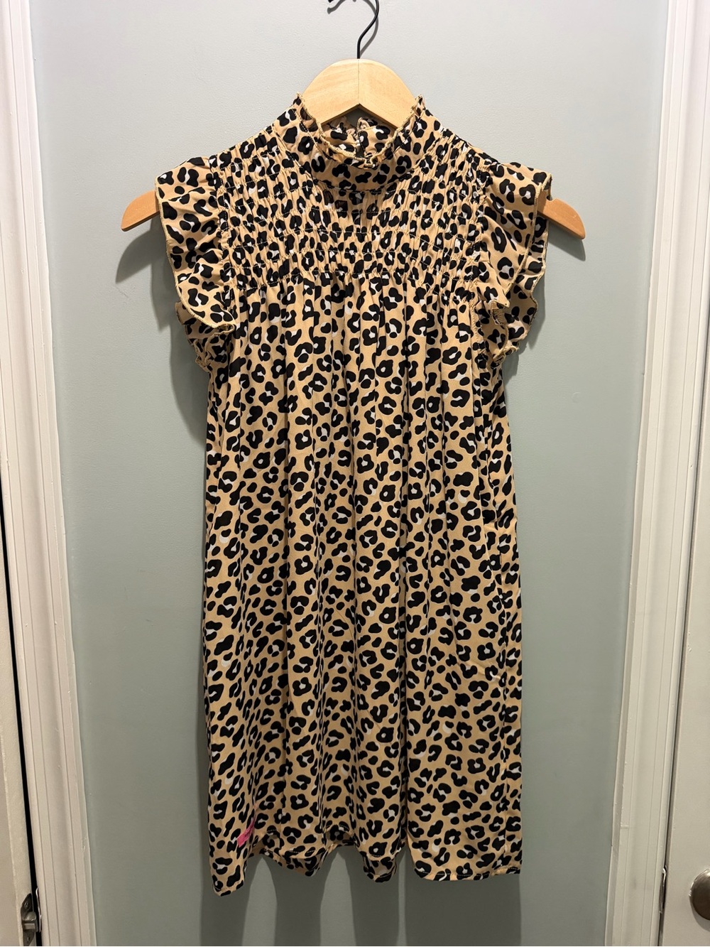 Simply Southern Girls' Leopard Smocked Neck Dress - Beige & Black